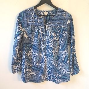 J. Crew Factory Blue Floral Embroidered Placket Split Neck Pullover Shirt